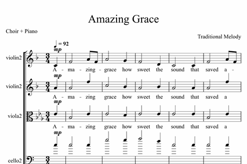 Amazing Grace Beginner Choir Piano Sheet Music Melody Measures